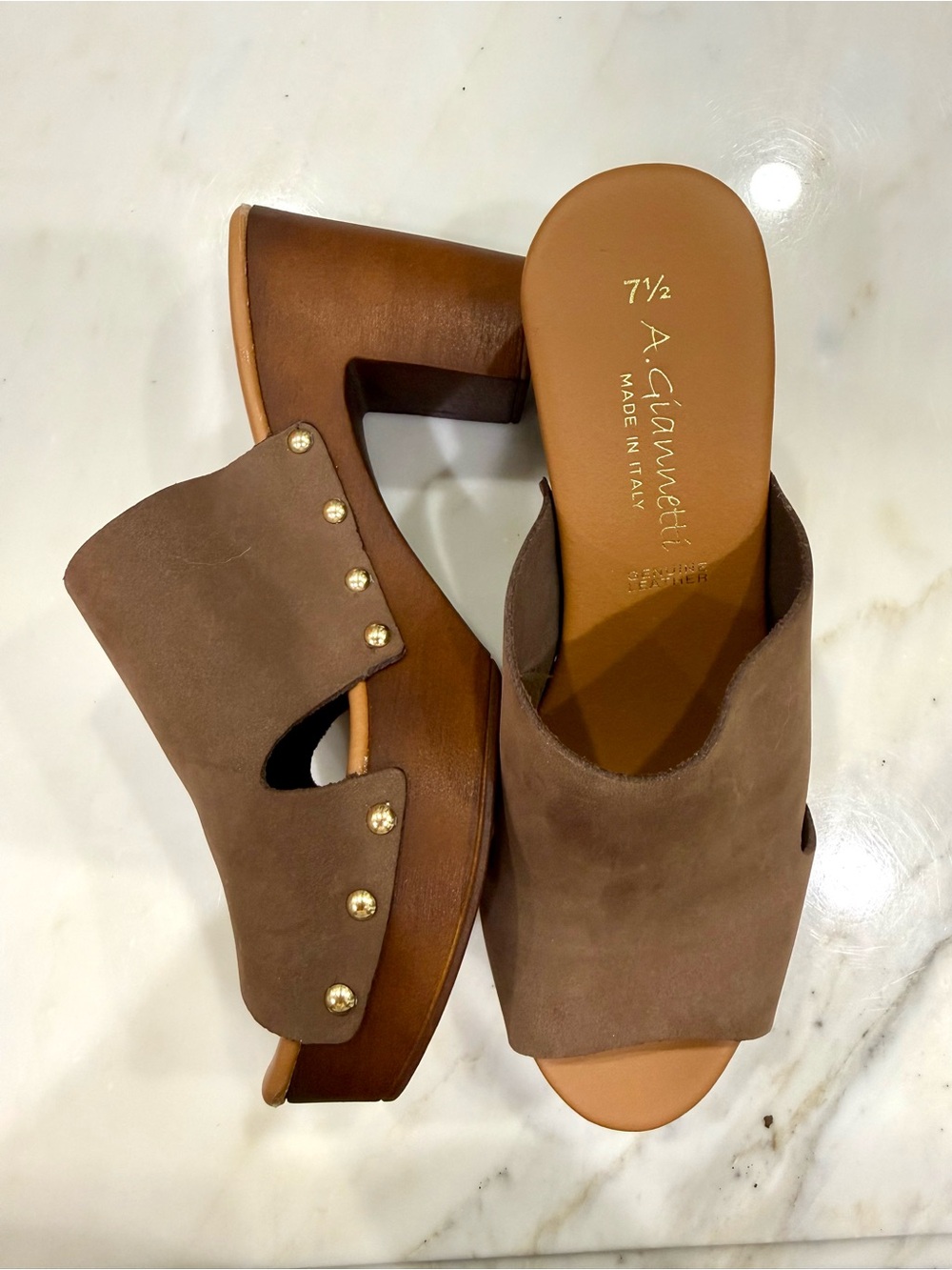 A. GIANNETTI ITAL Brown Leather Open Toe Heels Studs Sandal
